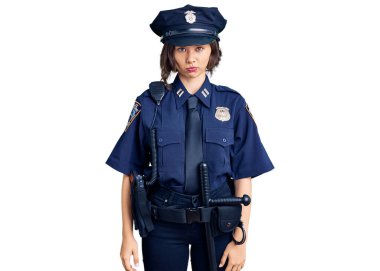 Polis üniforması giyen genç ve güzel bir kız sıkıntılı ve endişeli, kızgın ve korkmuş bir şekilde ağlıyor. hüzünlü ifade. 