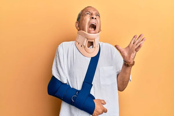 Handsome Mature Senior Man Wearing Cervical Collar Arm Sling Crazy — Stock Photo, Image