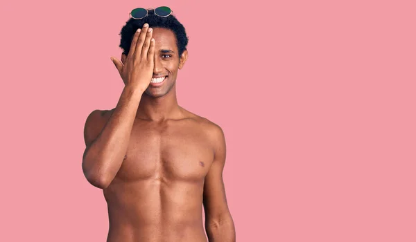 African Handsome Man Wearing Swimsuit Sunglasses Covering One Eye Hand — Stock Photo, Image