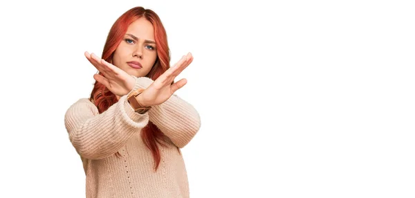 Young Redhead Woman Wearing Casual Winter Sweater Rejection Expression Crossing — Stock Photo, Image