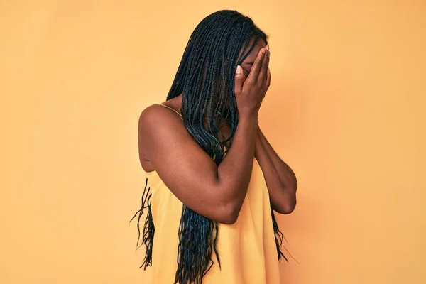 African American Woman Braids Wearing Casual Clothes Sad Expression Covering — Stock Photo, Image