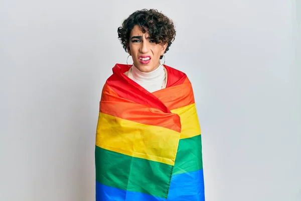 Young Man Wearing Woman Make Wrapped Rainbow Lgbtq Flag Clueless — Stock Photo, Image