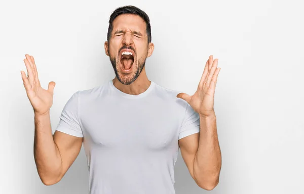 Handsome Man Beard Wearing Casual White Shirt Celebrating Mad Crazy — Stock Photo, Image