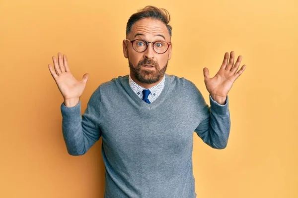 Handsome Middle Age Man Wearing Glasses Clueless Confused Open Arms — Stock Photo, Image