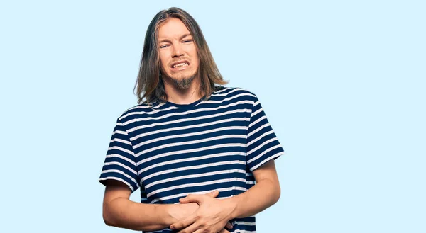 Handsome Caucasian Man Long Hair Wearing Casual Striped Shirt Hand — Stock Photo, Image