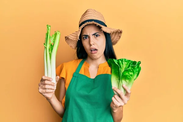 Vacker Ung Kvinna Bär Trädgårdsmästare Förkläde Hålla Grönsaker Chock Ansikte — Stockfoto
