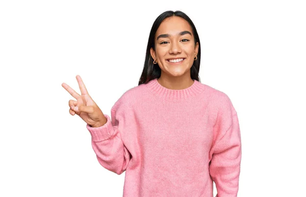 Young Asian Woman Wearing Casual Winter Sweater Smiling Looking Camera — Stock Photo, Image