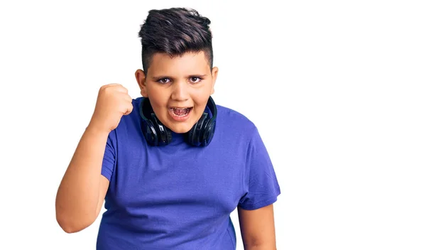 Little Boy Kid Listening Music Wearing Headphones Angry Mad Raising — Stock Photo, Image