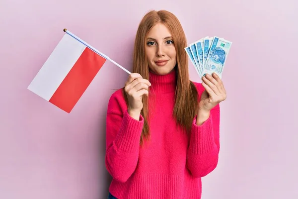 Jonge Ierse Vrouw Met Poland Vlag Zloty Bankbiljetten Ontspannen Met — Stockfoto