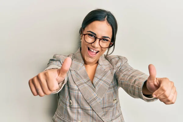Young Brunette Woman Wearing Business Jacket Glasses Approving Doing Positive — Stock Photo, Image