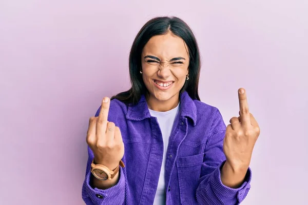 Young Brunette Woman Wearing Casual Clothes Showing Middle Finger Doing — Φωτογραφία Αρχείου