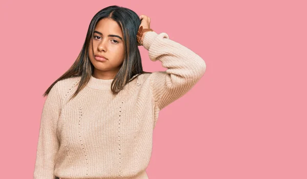 Young Latin Girl Wearing Wool Winter Sweater Confuse Wondering Question — Stock Photo, Image