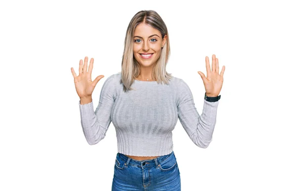 Beautiful Blonde Woman Wearing Casual Clothes Showing Pointing Fingers Number — Stock Photo, Image