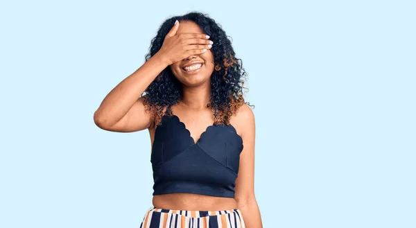 Young African American Woman Wearing Casual Clothes Smiling Laughing Hand — Stock Photo, Image