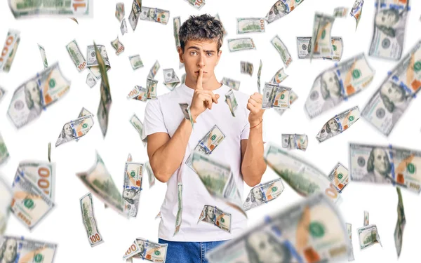 Young Handsome Man Wearing Casual White Tshirt Asking Quiet Finger — Stock Photo, Image