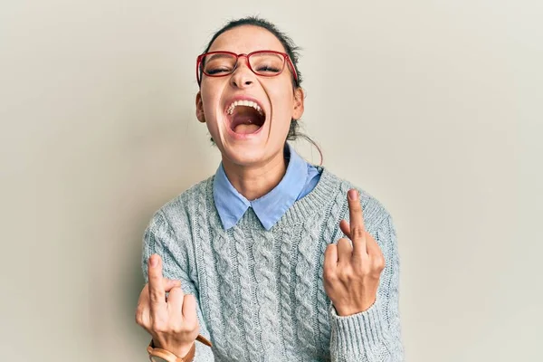 Young Caucasian Woman Wearing Casual Clothes Glasses Showing Middle Finger — Stockfoto