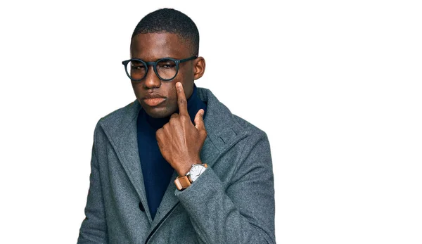 Young African American Man Wearing Business Clothes Glasses Pointing Eye — Stock Photo, Image