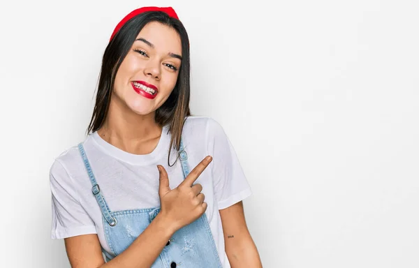 Young Hispanic Girl Wearing Casual Clothes Cheerful Smile Face Pointing — Stock Photo, Image