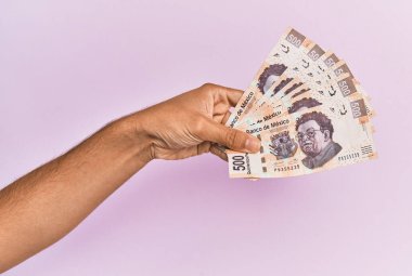 İspanyol eli 500 Meksika Pezosu 'nu soyutlanmış pembe arka planda tutuyor..