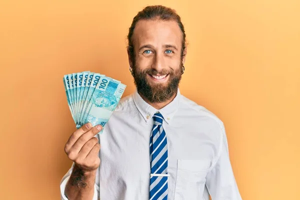 Handsome Business Man Beard Long Hair Holding 100 Brazilian Real — Stock Photo, Image