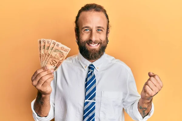 Handsome Business Man Beard Long Hair Holding Brazilian Real Banknotes —  Fotos de Stock