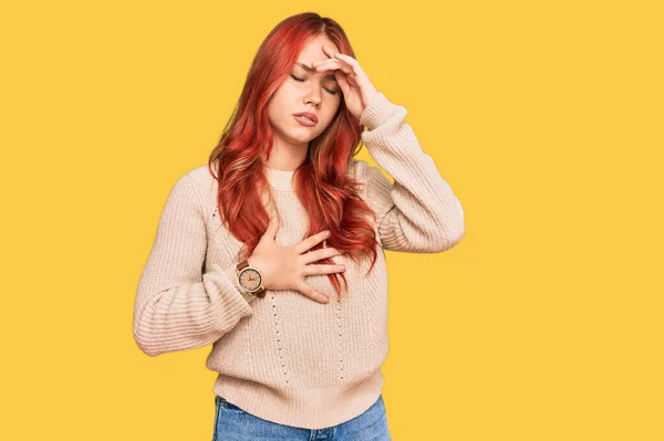 Young Redhead Woman Wearing Casual Winter Sweater Touching Forehead Illness — Stock Photo, Image