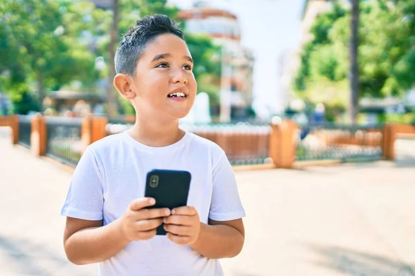 Adorable Boy Smiling Happy Using Smartphone Street City — Stock Photo, Image