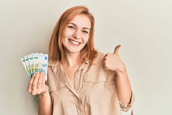 Young Caucasian Woman Holding Bunch Euro Banknotes Smiling Happy Positive — Stock Photo, Image