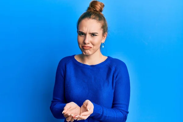 Young Blonde Woman Holding Hands Together Cupped Giving Concept Skeptic — Stock Photo, Image