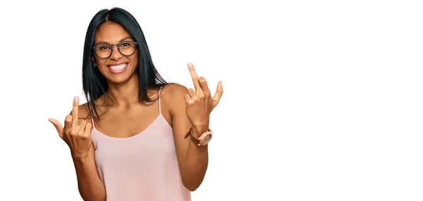 Young African American Woman Wearing Casual Clothes Glasses Showing Middle — 스톡 사진