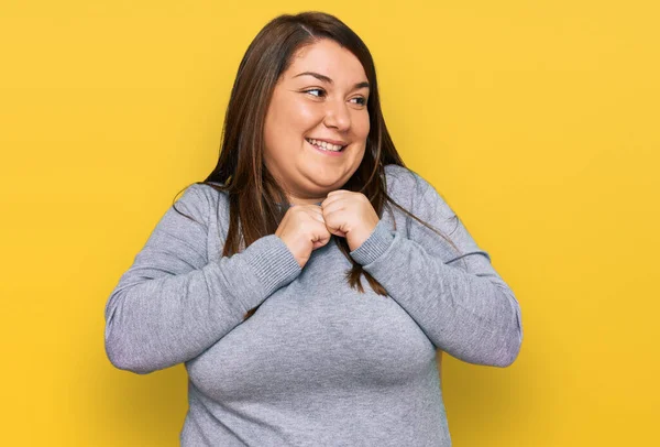 Beautiful Brunette Size Woman Wearing Casual Clothes Laughing Nervous Excited — Stock Photo, Image