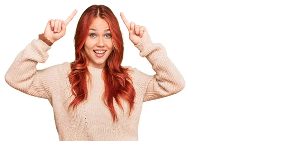 Young Redhead Woman Wearing Casual Winter Sweater Smiling Amazed Surprised — Stock Photo, Image