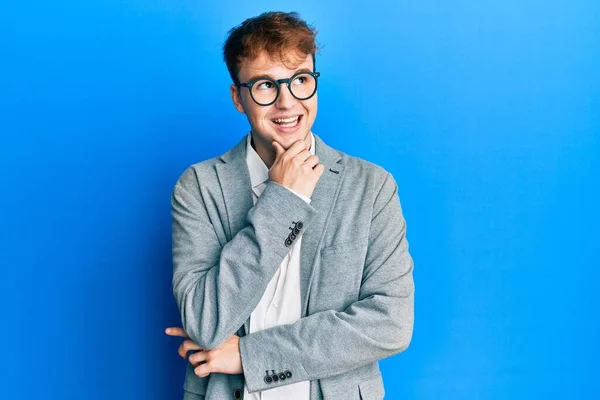 Young Caucasian Man Wearing Elegant Clothes Glasses Hand Chin Thinking — Stock Photo, Image