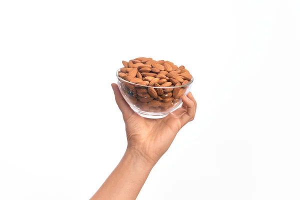 Hand Caucasian Young Man Holding Bowl Almonds Isolated White Background — Stock Photo, Image