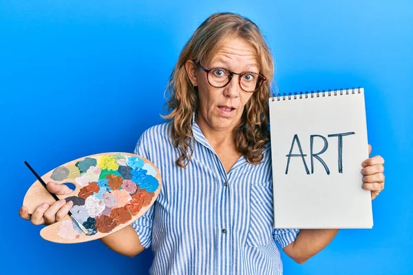 Orta yaşlı sarışın kadın, elinde ressam paleti ve not defteriyle şaşkın, şüpheci ve alaycı görünüyor, ağzı açık kalınca şaşırıyor. 
