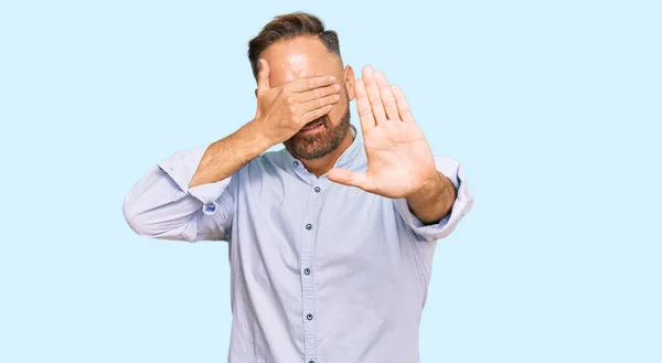 Handsome Middle Age Man Wearing Business Shirt Covering Eyes Hands — Stock Photo, Image