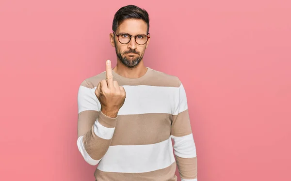 Handsome Man Beard Wearing Casual Clothes Glasses Showing Middle Finger — Stock Fotó