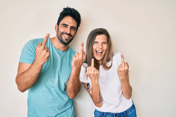 Beautiful Young Couple Boyfriend Girlfriend Together Showing Middle Finger Doing — Stockfoto