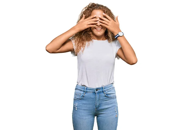 Beautiful Caucasian Teenager Girl Wearing Casual White Tshirt Covering Eyes — Stock Photo, Image