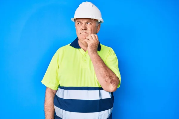 Senior Grey Haired Man Wearing Worker Reflective Shirt Hardhat Thinking — Stock Photo, Image
