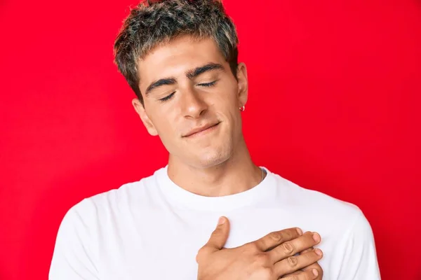 Young Handsome Man Wearing Casual White Tshirt Smiling Hands Chest — Stock Photo, Image