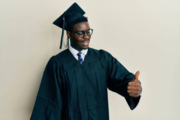 Handsome Black Man Wearing Graduation Cap Ceremony Robe Looking Proud — Stock Photo, Image