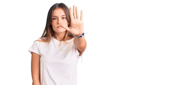 Beautiful Caucasian Woman Wearing Casual White Tshirt Doing Stop Sing — Stock Photo, Image