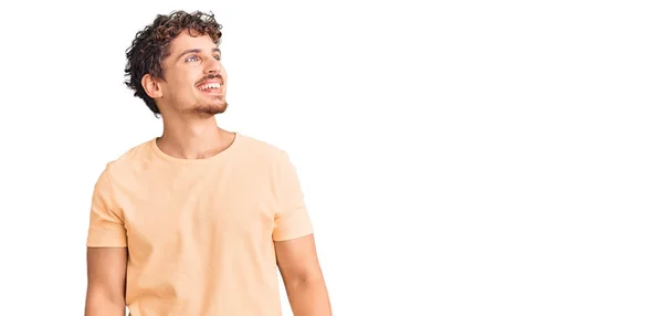 Young Handsome Man Curly Hair Wearing Casual Clothes Looking Away — Stock Photo, Image