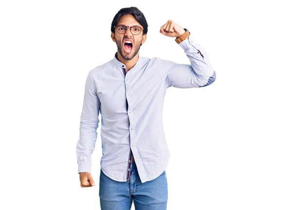 Handsome Hispanic Man Wearing Business Shirt Glasses Angry Mad Raising — 图库照片