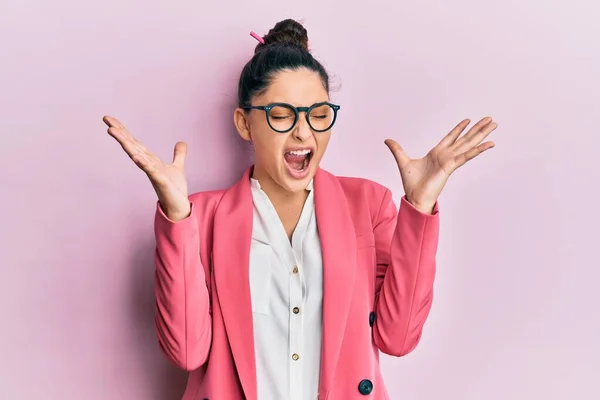 Beautiful Middle Eastern Woman Wearing Business Jacket Glasses Celebrating Mad — Stock Photo, Image