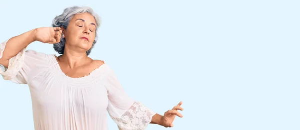 Senior Woman Gray Hair Wearing Bohemian Style Stretching Back Tired —  Fotos de Stock