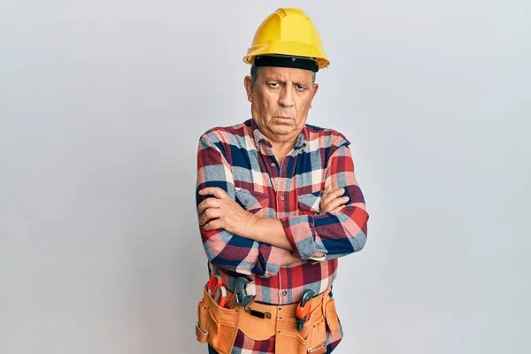 Senior Hispanic Man Wearing Handyman Uniform Skeptic Nervous Disapproving Expression — Foto de Stock