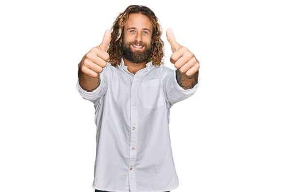 Handsome Man Beard Long Hair Wearing Casual Clothes Approving Doing — Stock Photo, Image