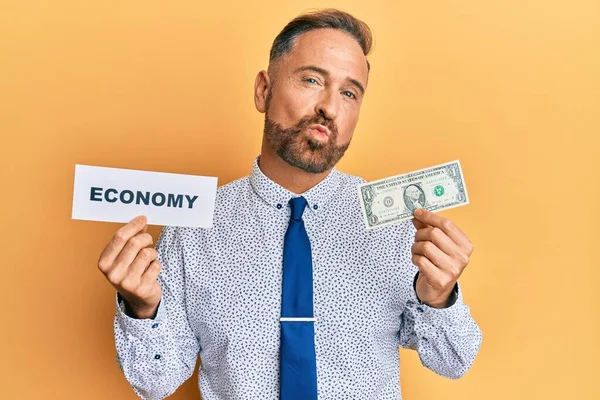 Handsome Middle Age Man Holding Economy Message Holding Dollar Looking — Stock Photo, Image